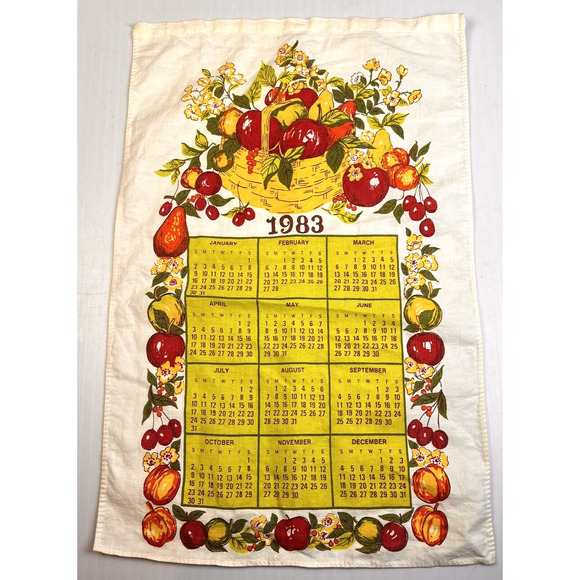 1983 Calendar Tea Towel VIntage Kitchen Red Yellow Fruits Linen Tea Towel - Picture 1 of 6